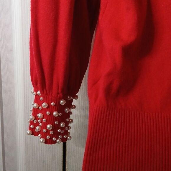 Ontwelfth red holiday with faux pearl neckline and cuffs  Sz M EUC holiday party - Picture 6 of 8